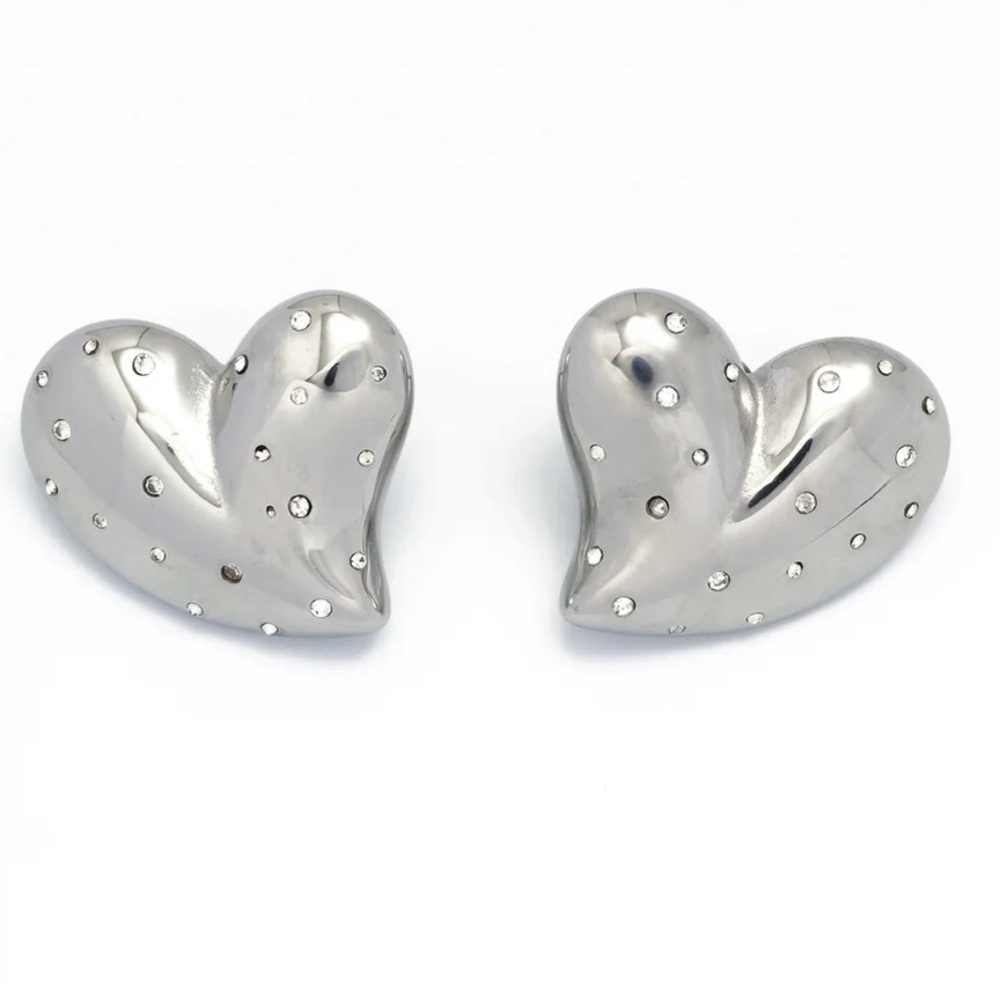 Silver Large Puffy CZ Heart Earrings (7024)